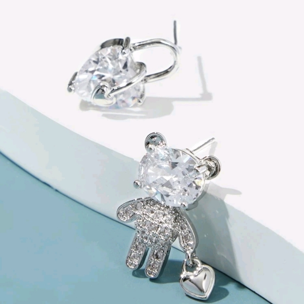 RHINESTONE STYLE ASYMMETRICAL TEDDY BEAR HEART CUBIC ZIRCONIA EARRINGS - Picture 3 of 4
